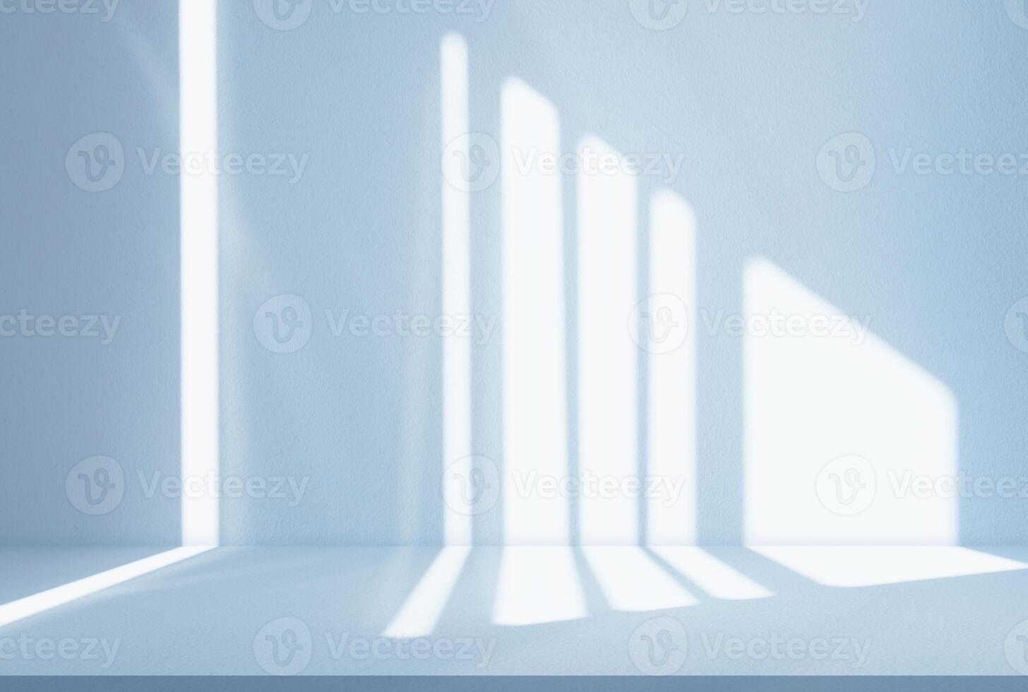 Blue Background for Summer design,Studio room with light on podium for product display,Empty abstract backdrop wall texture with abstract sunlight from window on floor concrete for Spring background photo