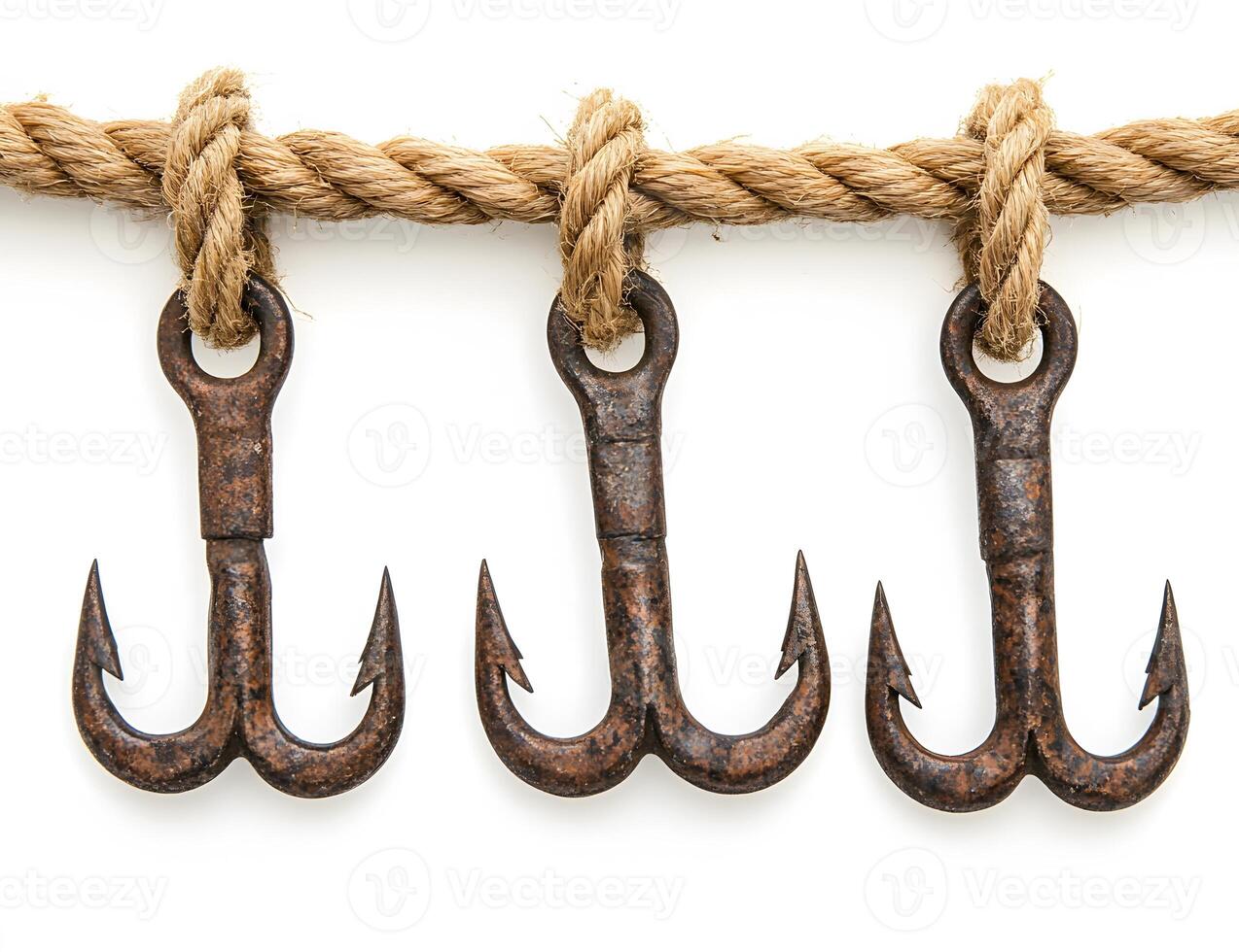Three Rusty Double Hooks Hang From Rope photo