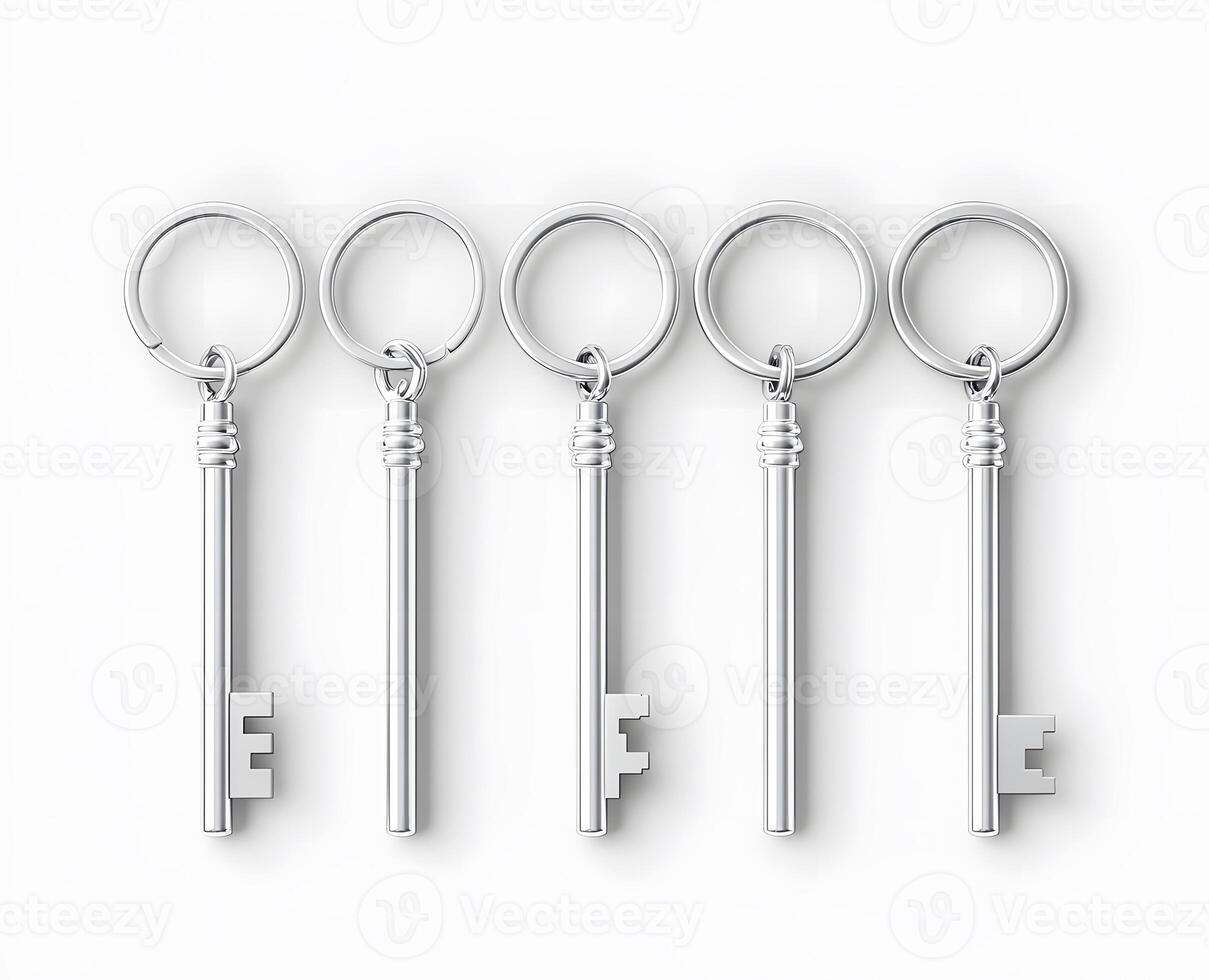 Four Silver Keys on Key Rings Arranged in a Row photo
