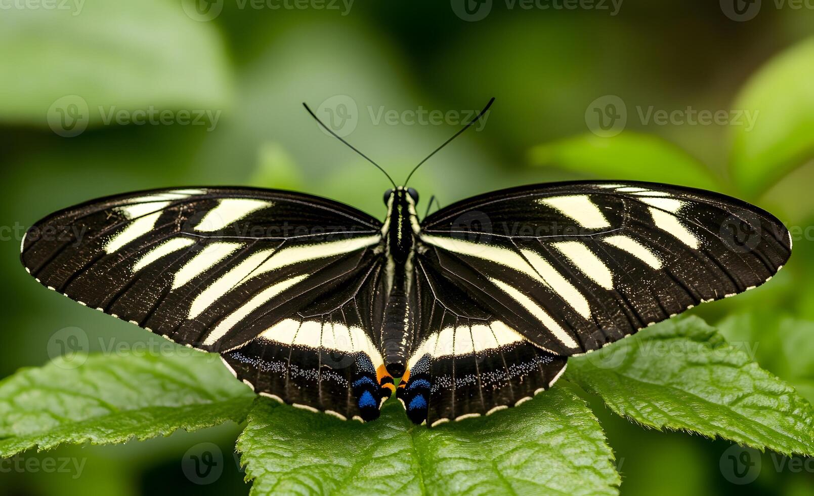 Zebra Longwing Butterfly Resting on Green Leaf photo
