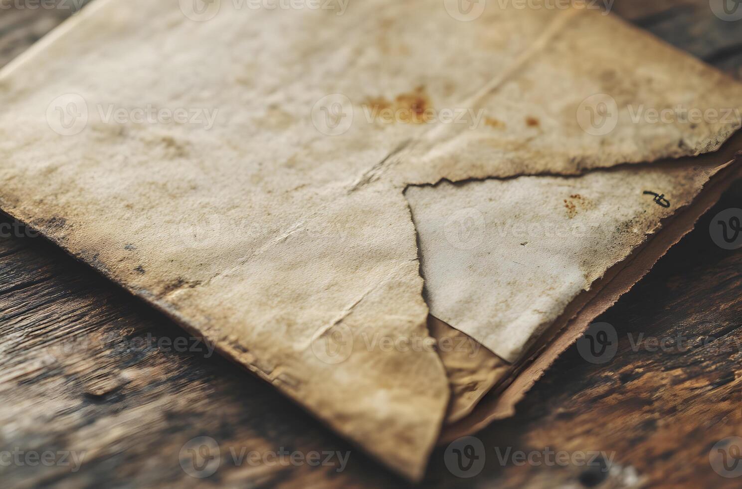 Aged Paper Documents Resting On Wooden Surface photo