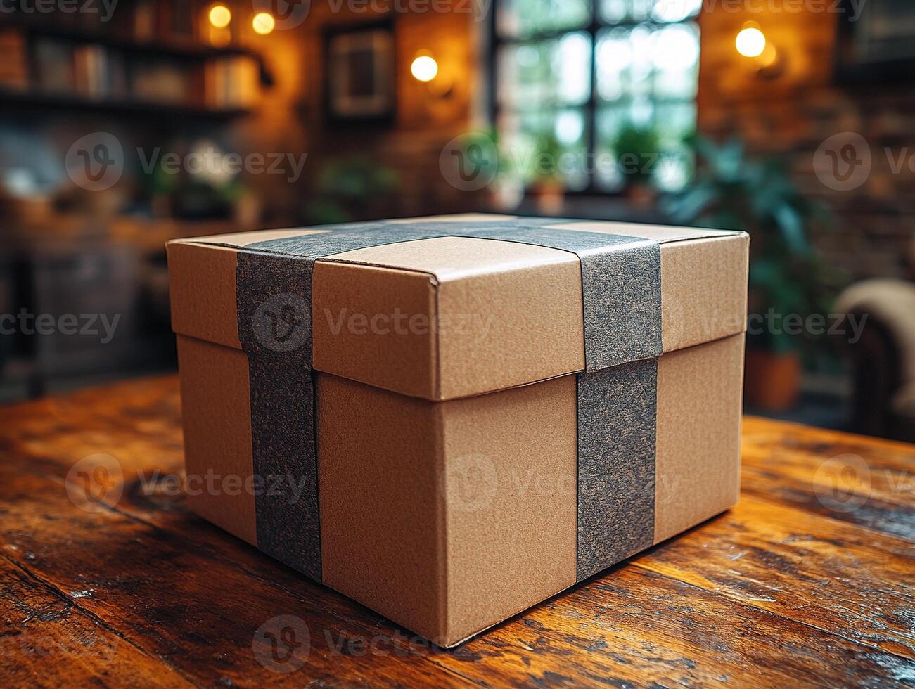 Gift box on table in cozy cafe, window view photo