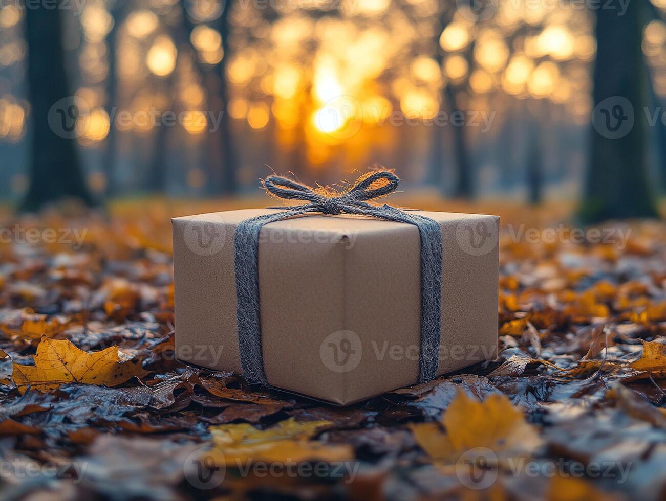 Gift box in autumn forest at sunset photo