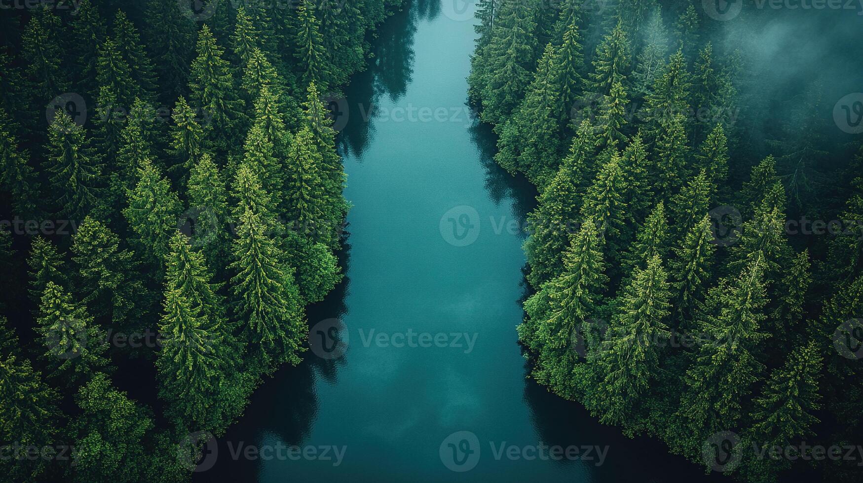 Aerial view of river flowing through misty pine forest photo