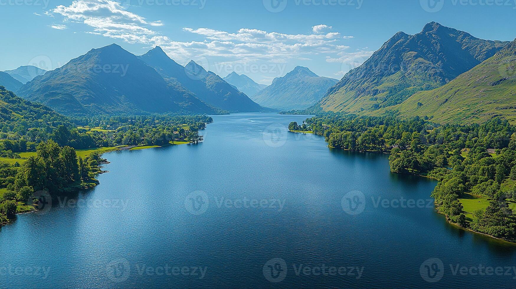 Aerial view of serene lake, green shores, mountains under sunny sky photo