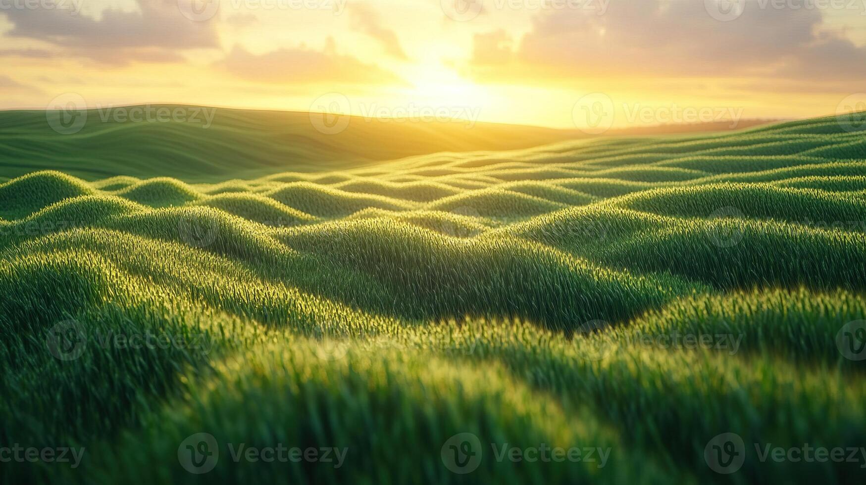 Rolling green hills at sunset, tranquil rural landscape photo