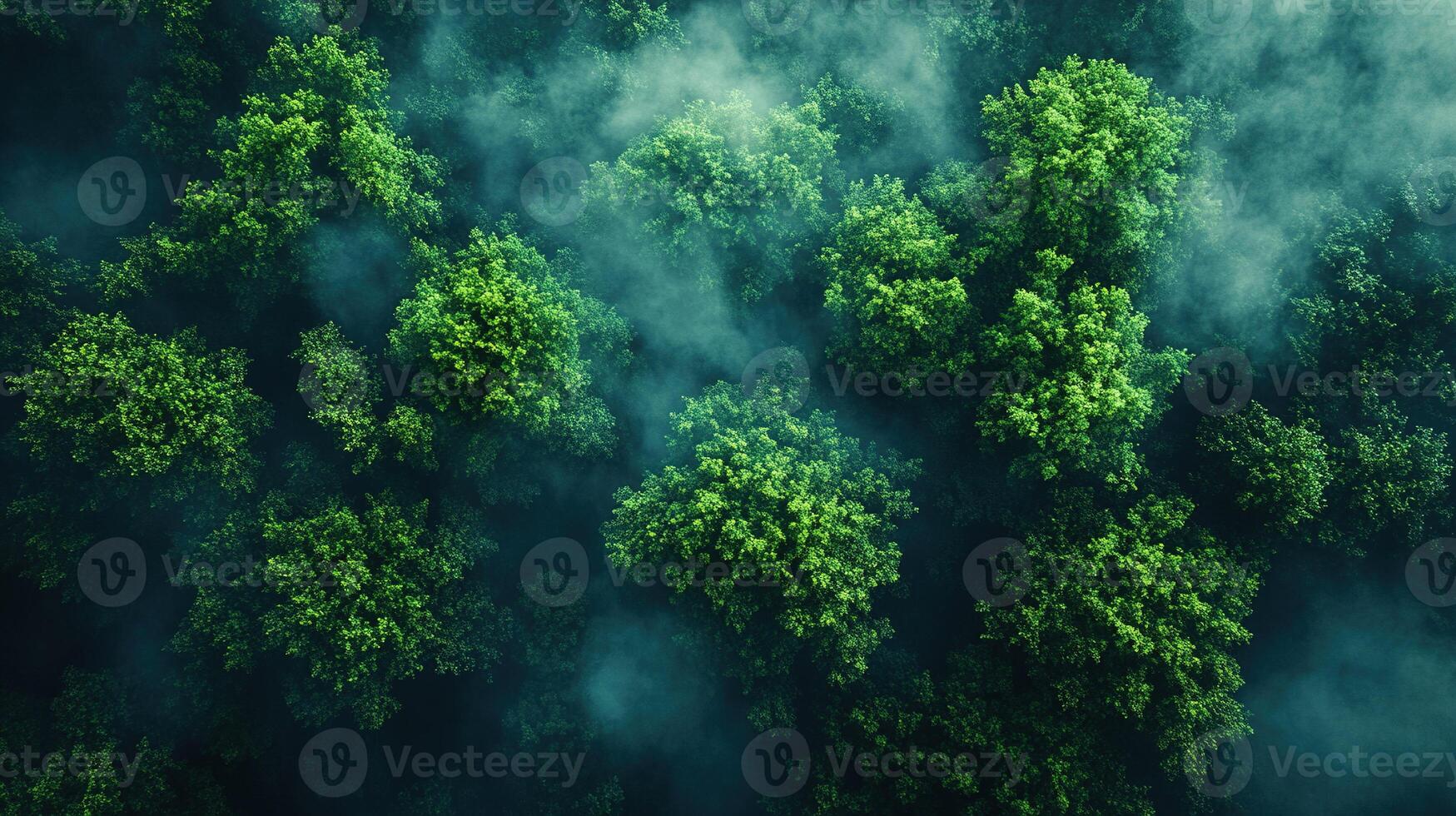 Aerial Misty Forest Canopy Lush Green Trees, Fog, Dark Atmosphere photo
