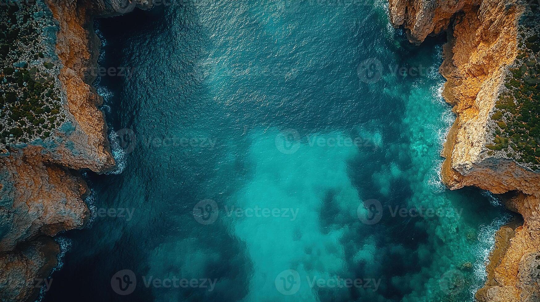 Aerial view of turquoise cove between rocky cliffs at sunset photo
