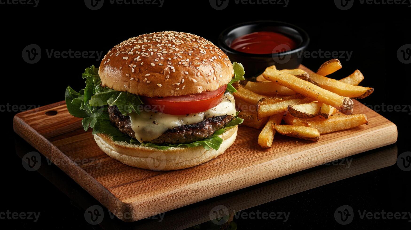 Delicious Gourmet Beef Burger with Fresh Lettuce, Cheese, and Onion Ideal for Food Blogs and Menus photo