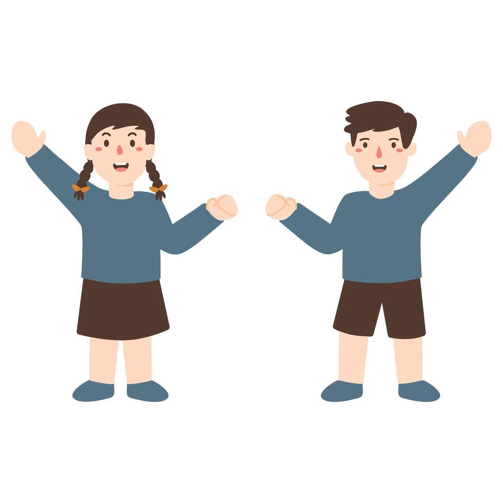 Little boy and girl stand holding their hands up vector
