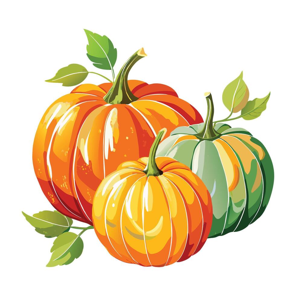 Autumn Harvest Pumpkins with Green Leaves in a Rustic Fall Arrangement vector