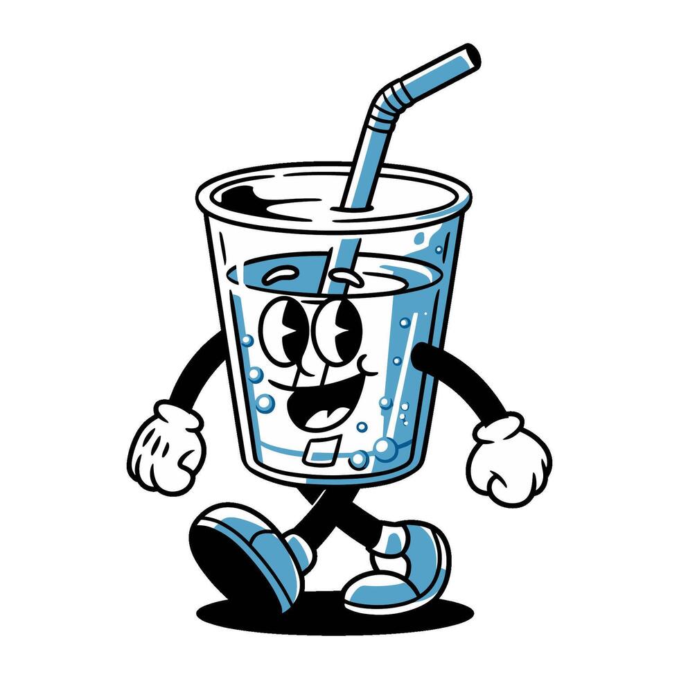 Cartoon walking glass of water with straw and smiling face, retro illustration vector