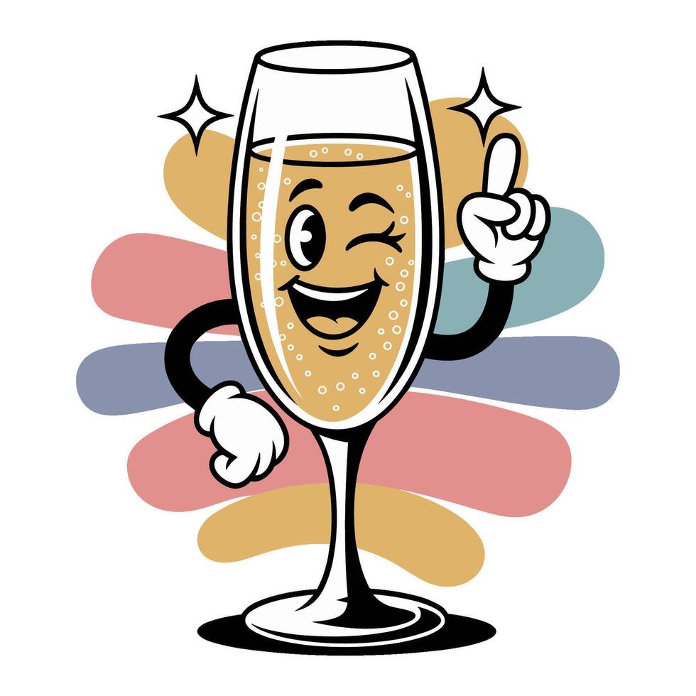 Happy champagne glass cartoon character winking and pointing on colorful background vector