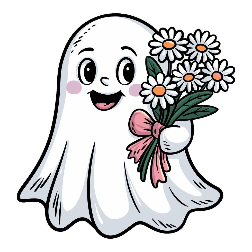 Cute hand drawn ghost holding bouquet of flowers in whimsical art style with cheerful expressions vector