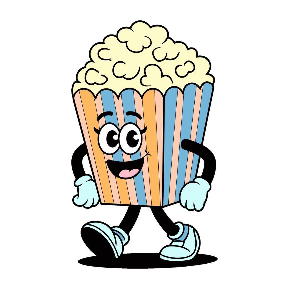 Cartoon-style smiling popcorn character with arms and legs in colorful striped box, shown on plain white background vector
