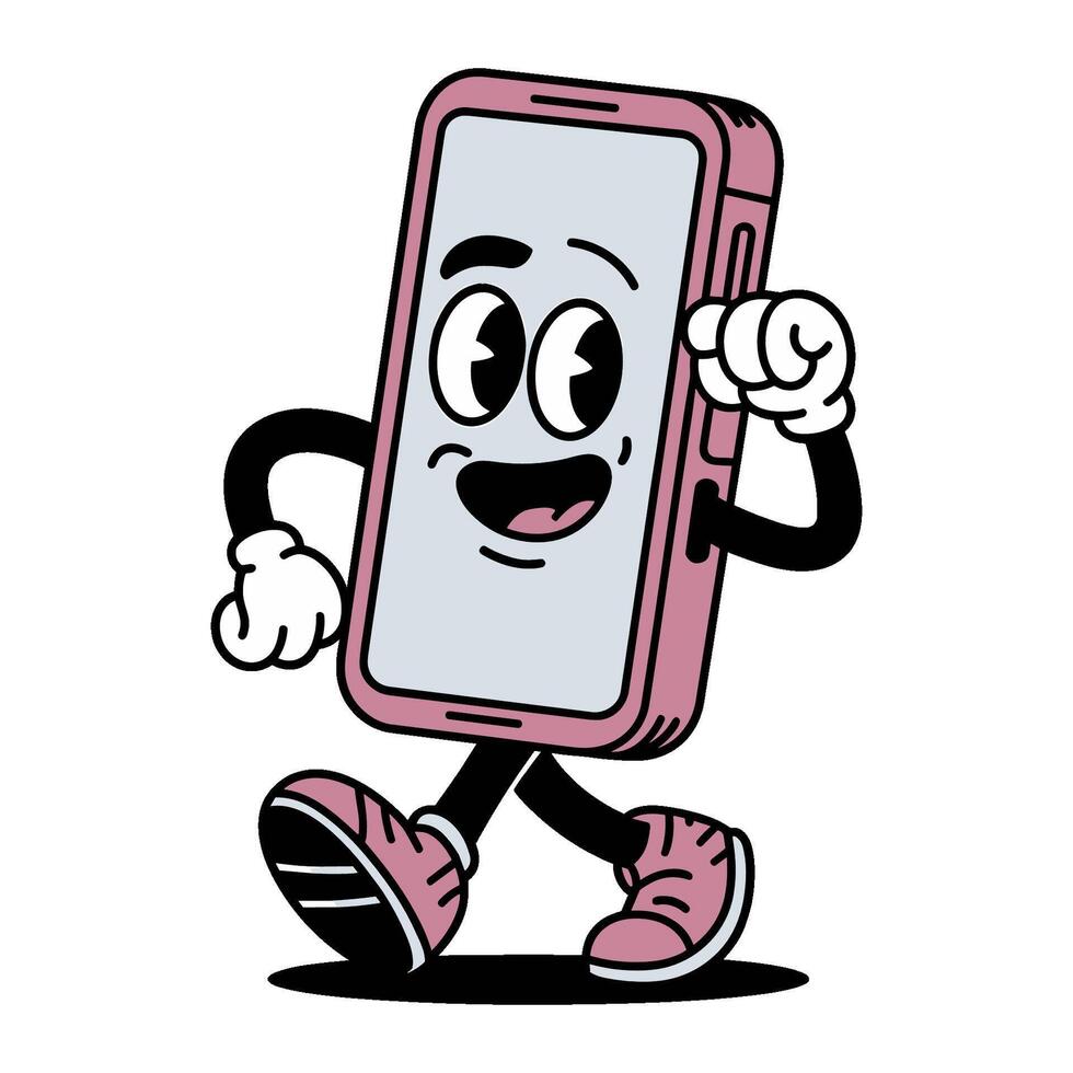 Retro character design of a cheerful smartphone walking with sneakers in a cartoon style vector