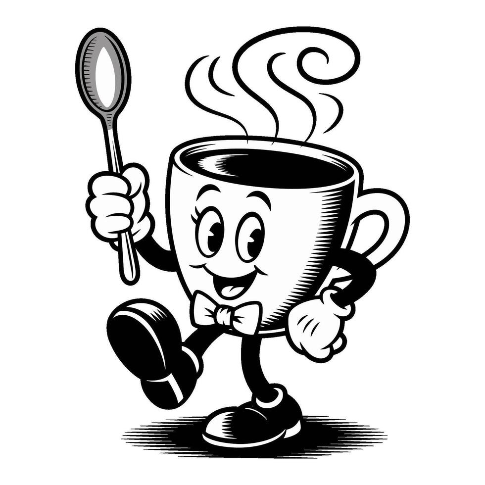Happy cartoon coffee cup character with smiling face and bow tie holding spoon, in retro black and white style vector