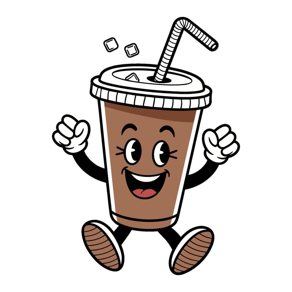 Cartoon iced coffee cup character with happy face and straw, groovy style illustration vector