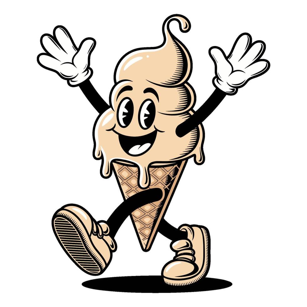 cartoon character of a joyful ice cream cone in a playful pose with a happy facial expression vector