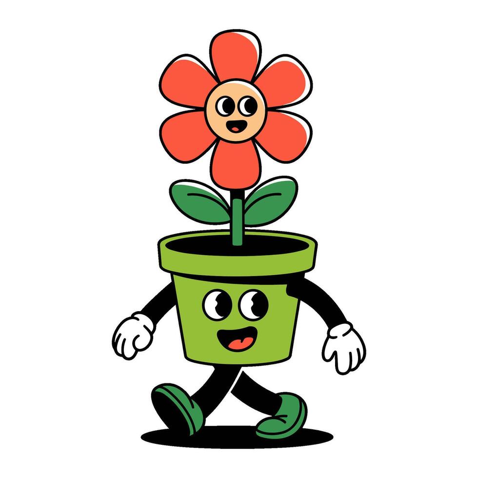 Cheerful cartoon flower in flowerpot with arms and legs, smiling face, bold lines, white background vector