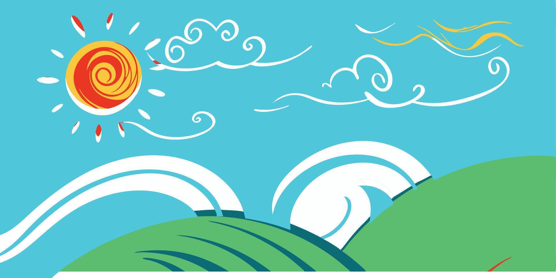 Colorful Waves with Sun and Clouds vector