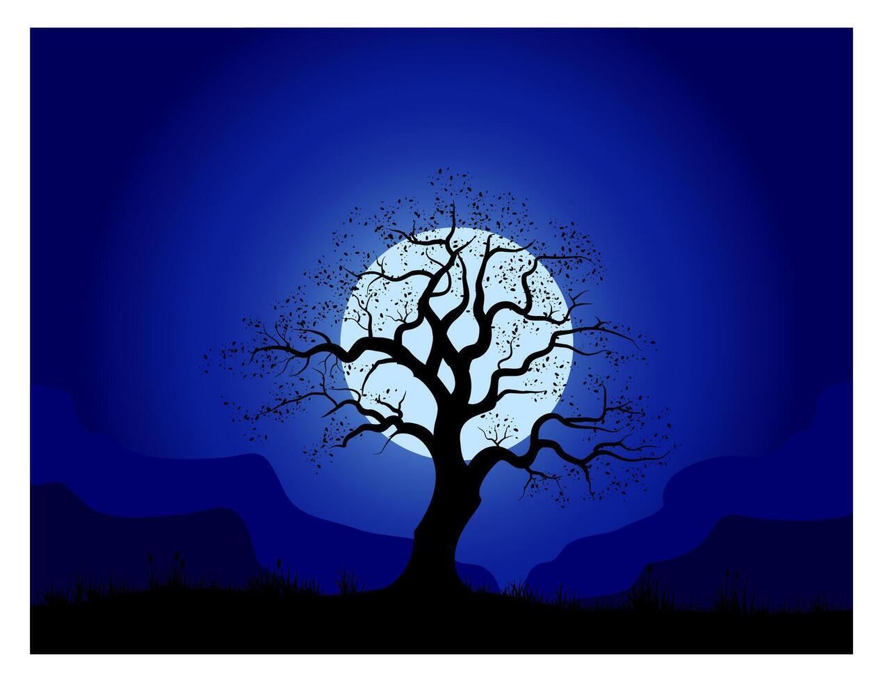 Tree silhouette in night and mountain. vector
