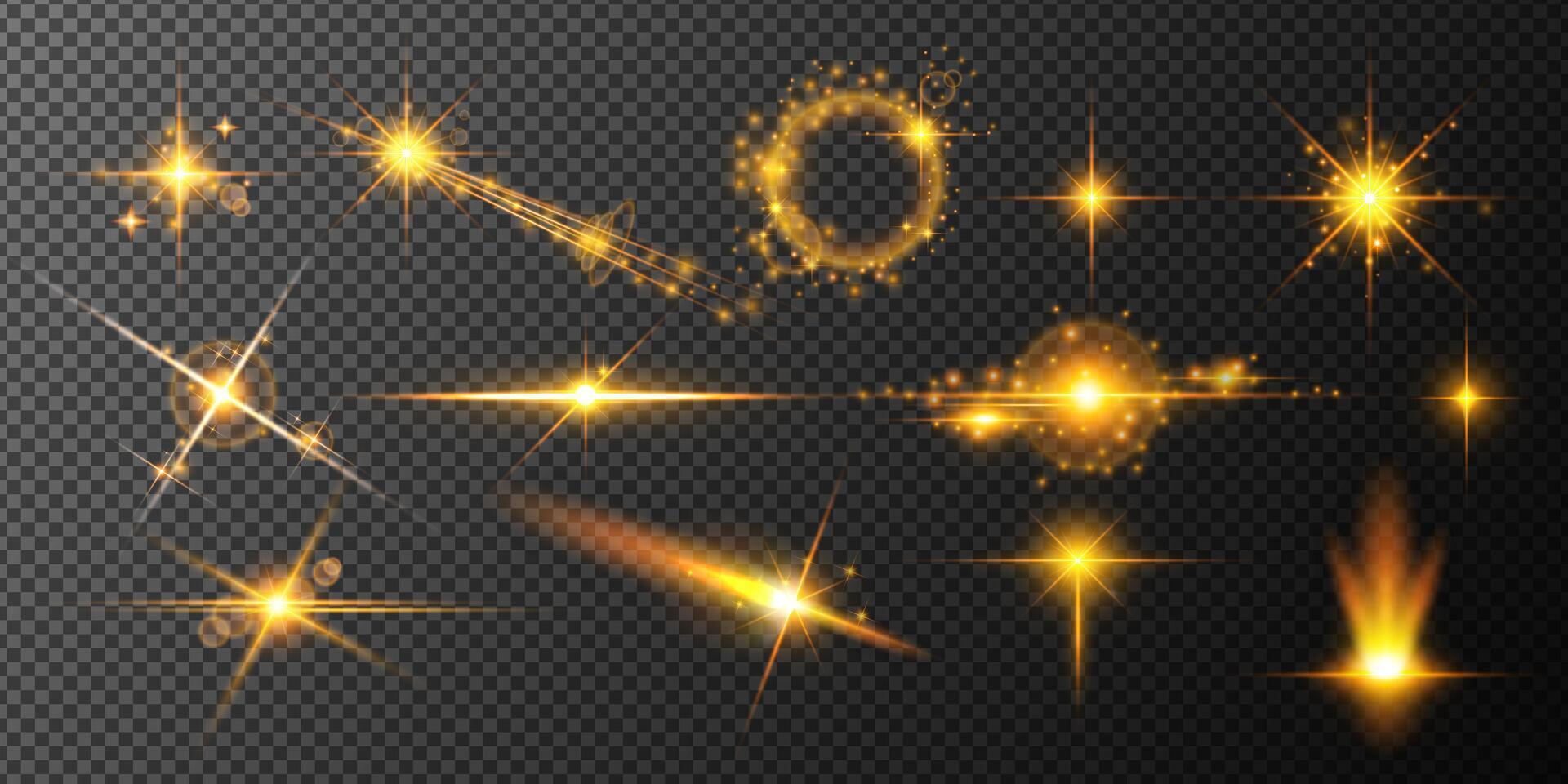 Golden light effects set with lens flares, sparkles, and glows. Perfect for festive designs, luxury branding, magic effects, holiday decorations, and photo overlays. vector