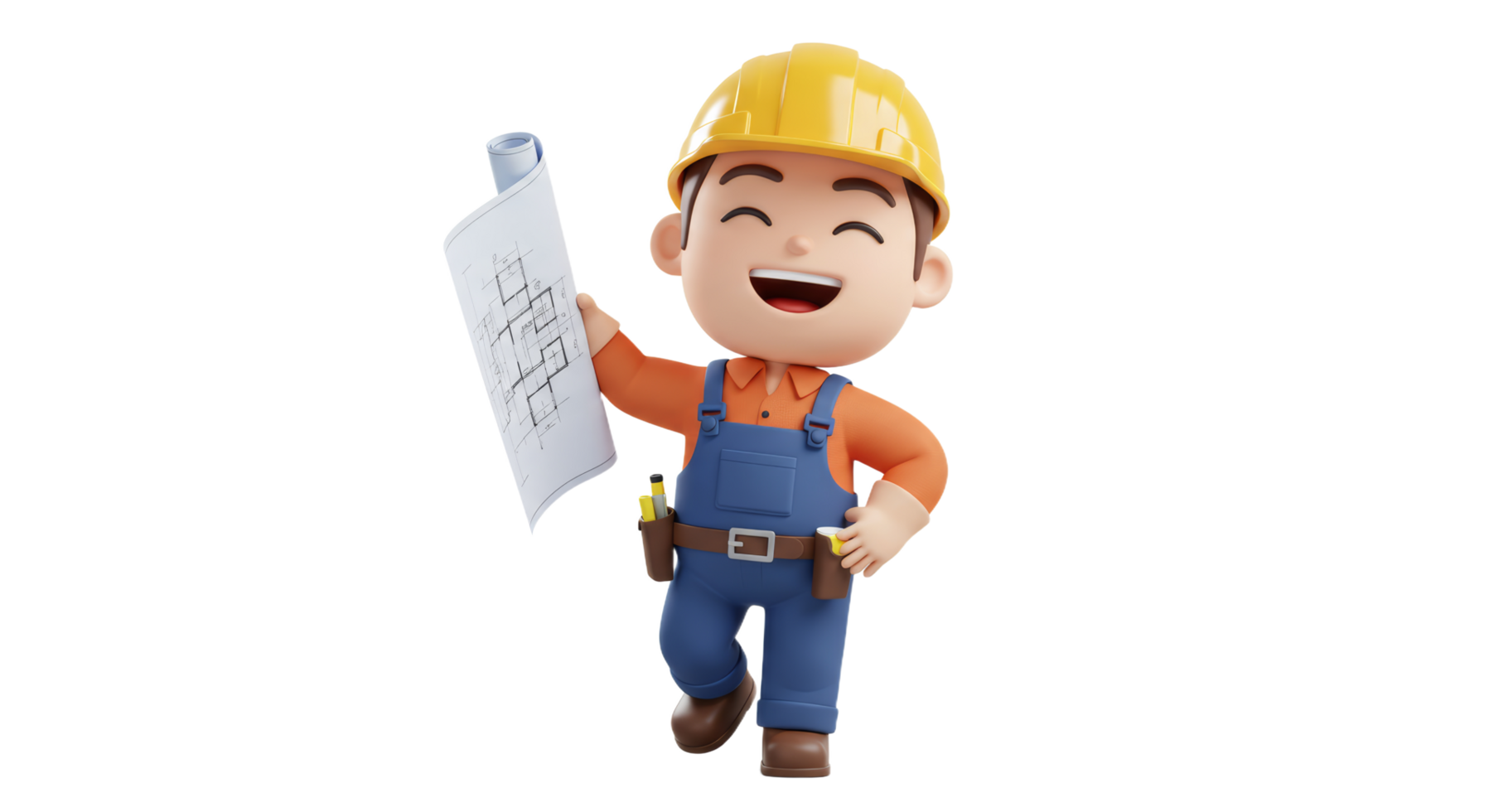 A 3D cartoon construction worker holding a piece of paper png
