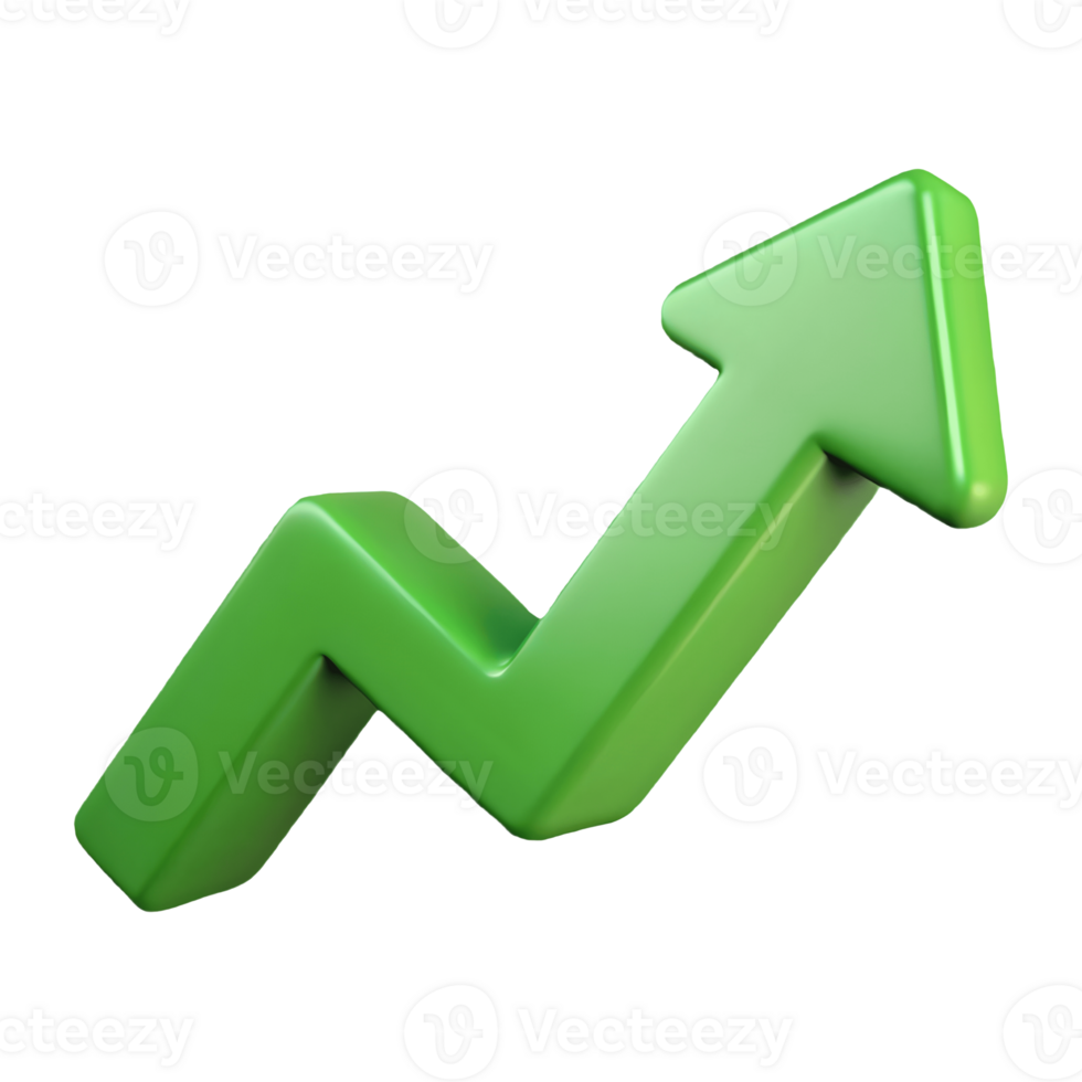 3D Green Upward Arrow Symbolizing Growth and Progress on a transparent background, png