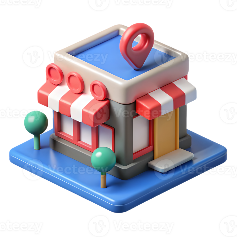 Charming 3D storefront with red and white awnings, blue roof, and location pin, perfect for retail and local business illustrations. on a transparent background, png