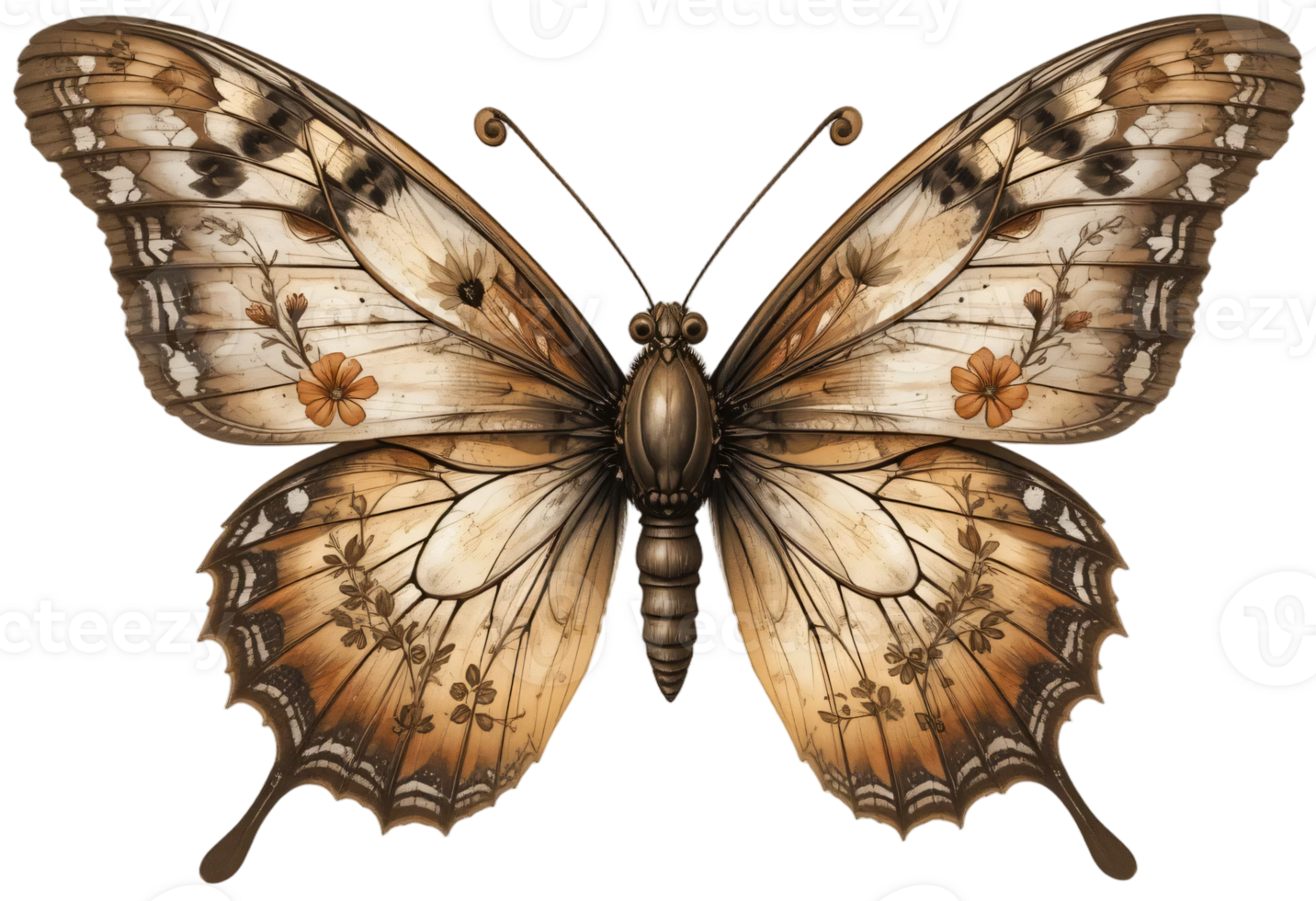 Elegant Butterfly, , Floral and Vine Patterns with Nostalgic Charm, Transparent Background png