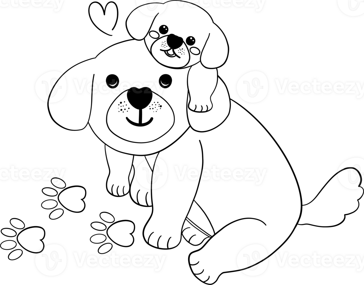 Father's Day Dog Dad and Baby A puppy rides on its father's back Illustration in coloring page png