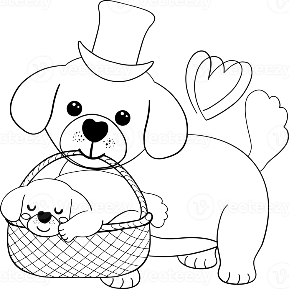 father's day dog and cub coloring page in flat cartoon outline style black and white illustration png