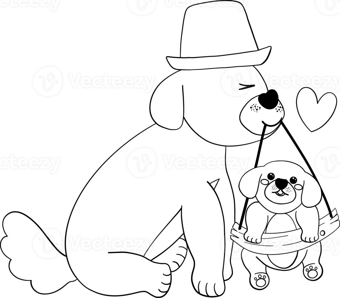 Father's Day Dog Dad Put on a hat and Baby coloring page Illustration in Cute Cartoon Flat Design png