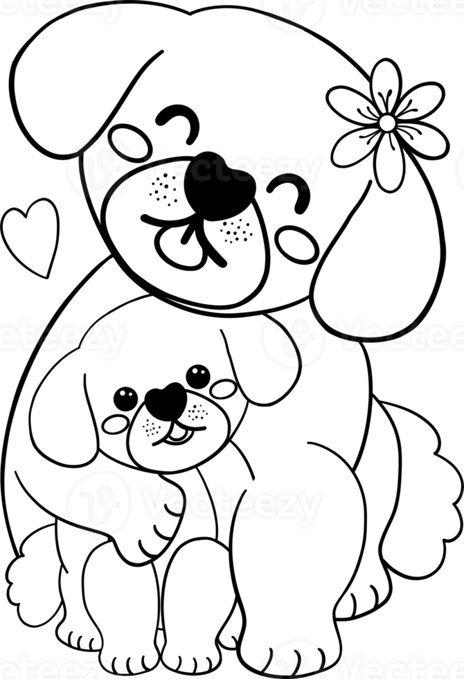 Mother's day dog mom and baby cub coloring page in flat cartoon outline style black and white png