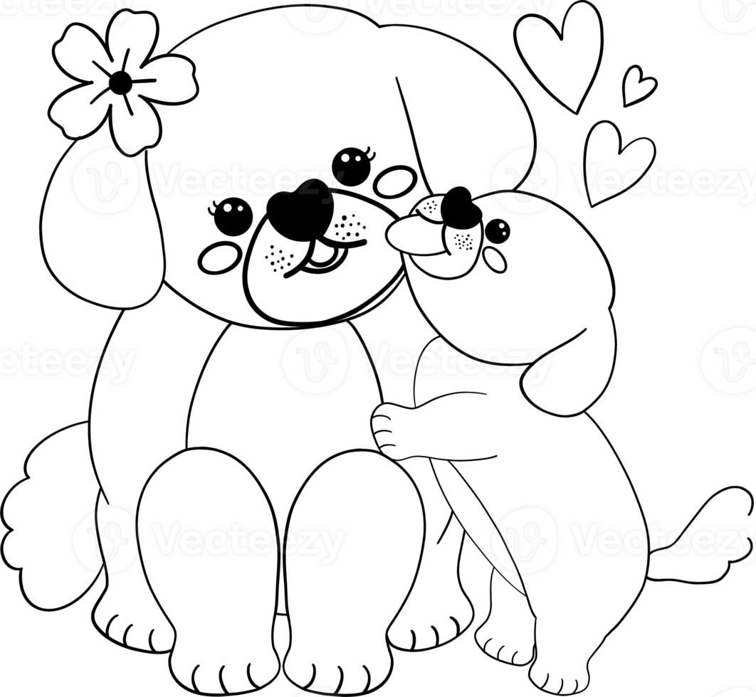 Mother's day dog and cub coloring page in flat cartoon outline style black and white illustration png