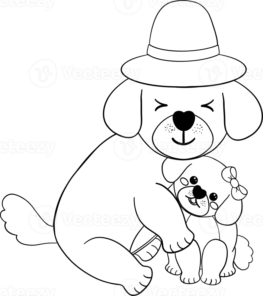 father's day dog dad and baby cub coloring page in flat cartoon outline style black and white png