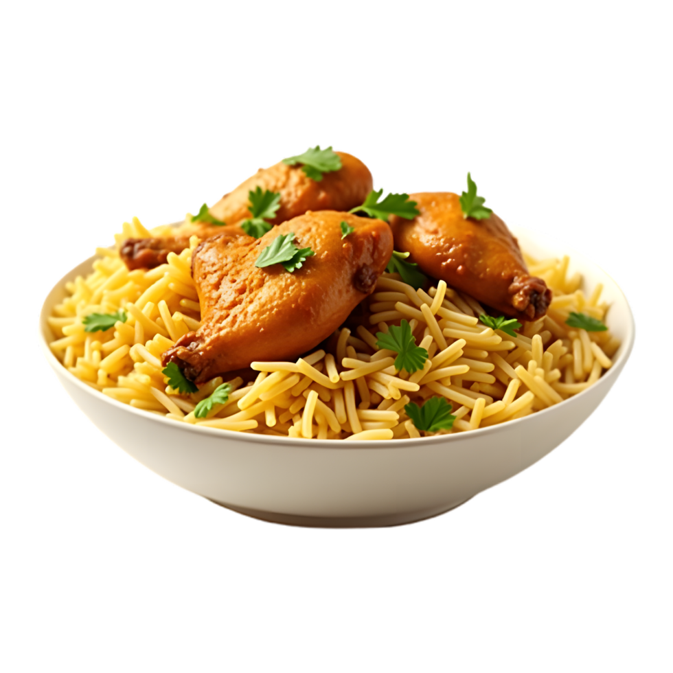 A bowl of biryani with chicken pieces on a transparent background png