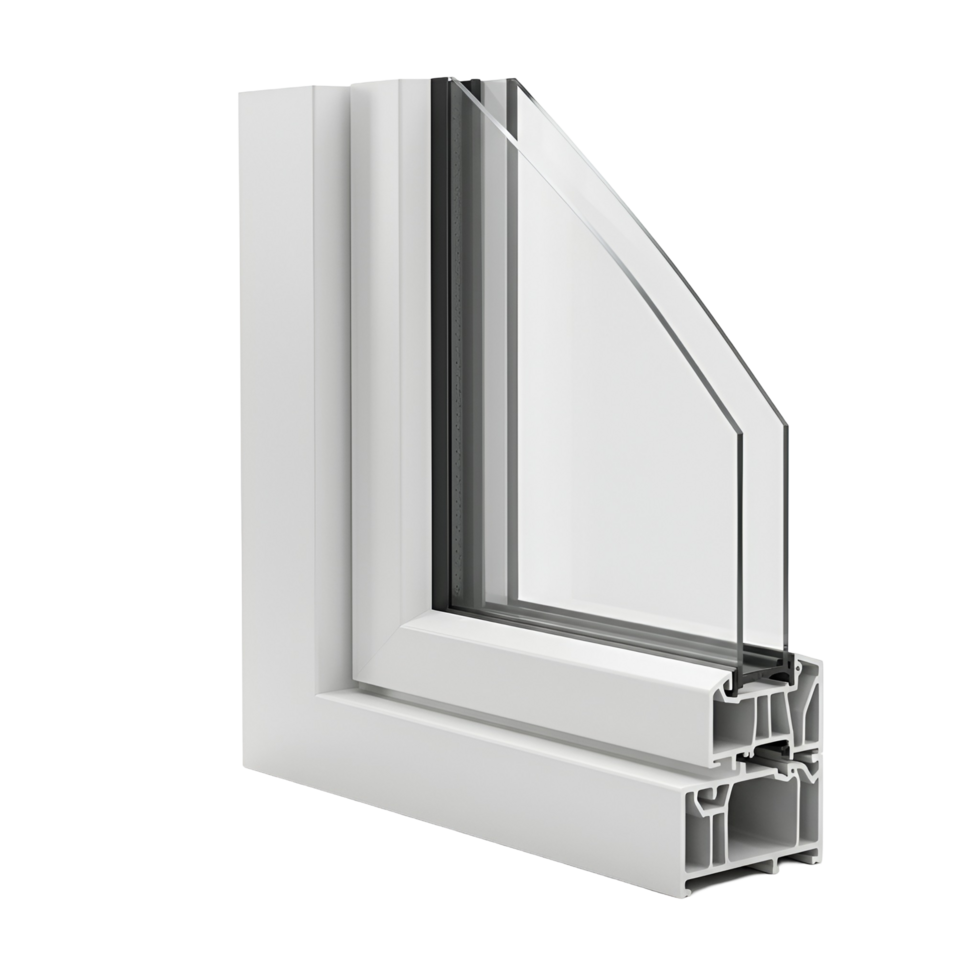 Close up view of a white framed window with glass panes isolated on a solid color surface transparent background png