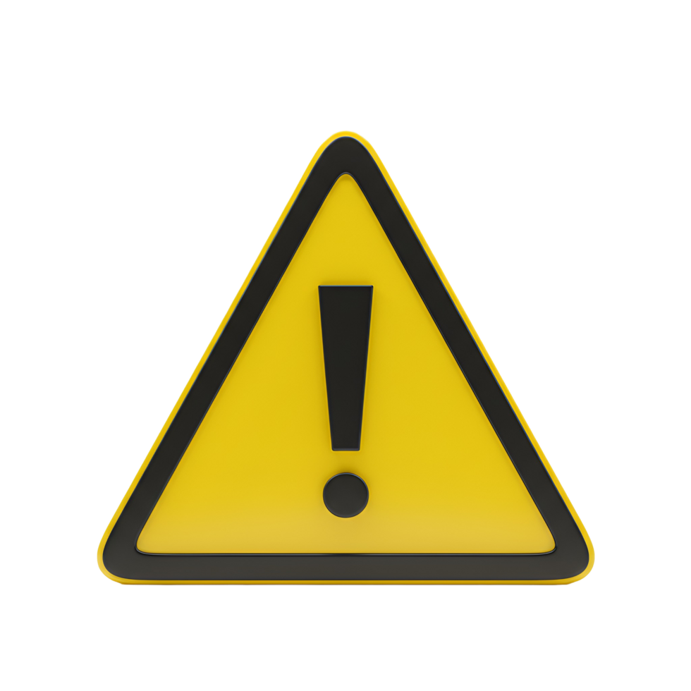 A yellow triangle warning sign with a exclamation point on a white colored plain setting rendering transparent background png