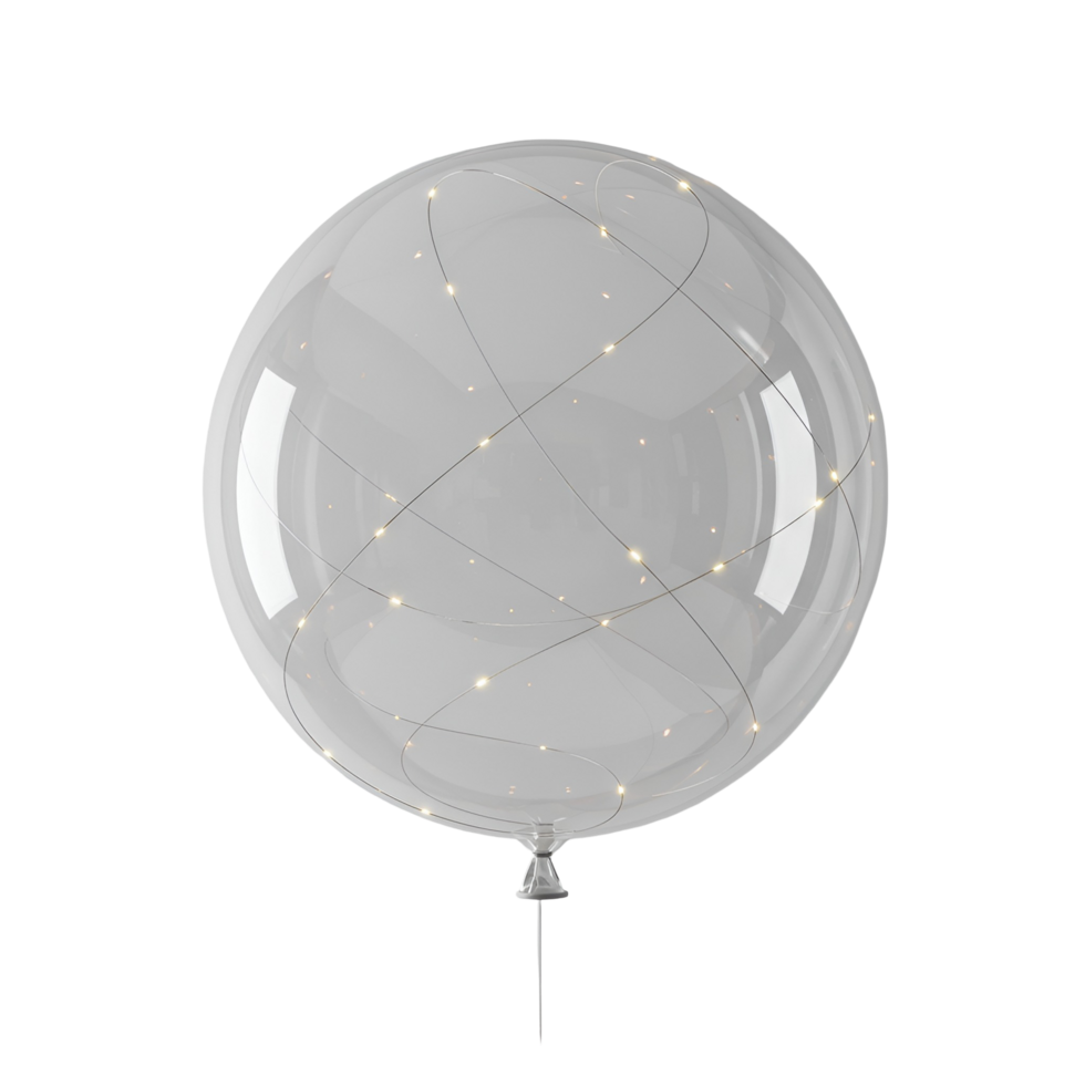 A clear balloon filled with string lights floating in a white space with a thin string attached transparent background png