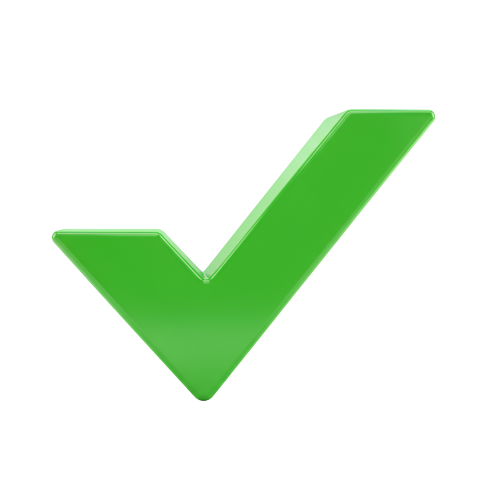 A single green check mark symbol isolated against a plain white solid color studio rendering image view transparent background png