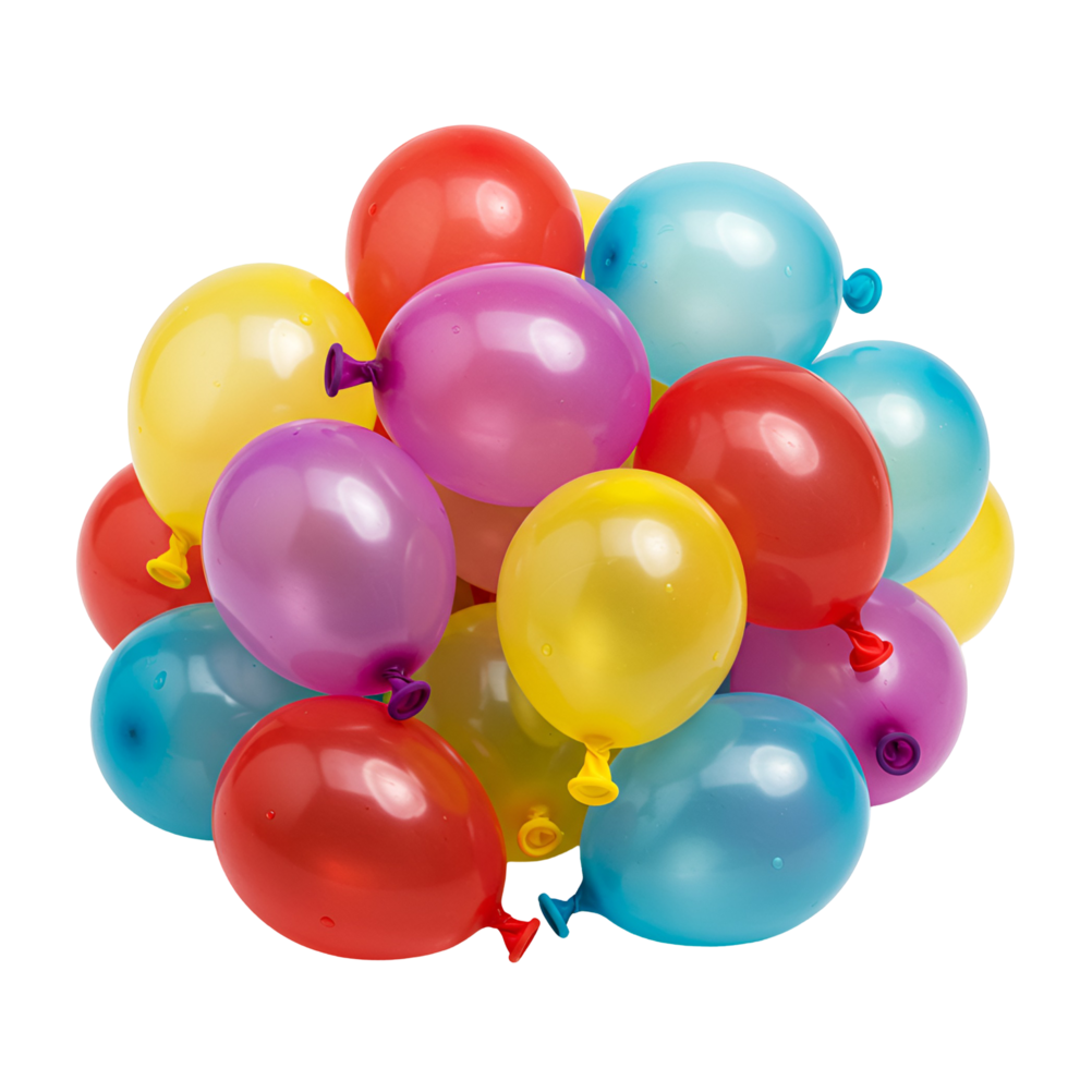 A vibrant collection of colorful balloons clustered together on a solid white surface creating depth transparent background png