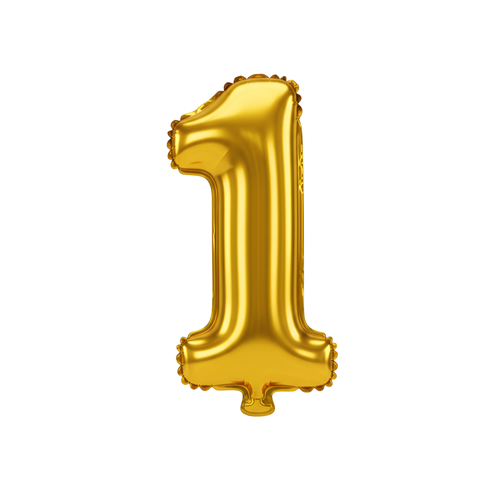 A shiny golden balloon shaped like the digit one isolated on a white plain studio style setting transparent background png