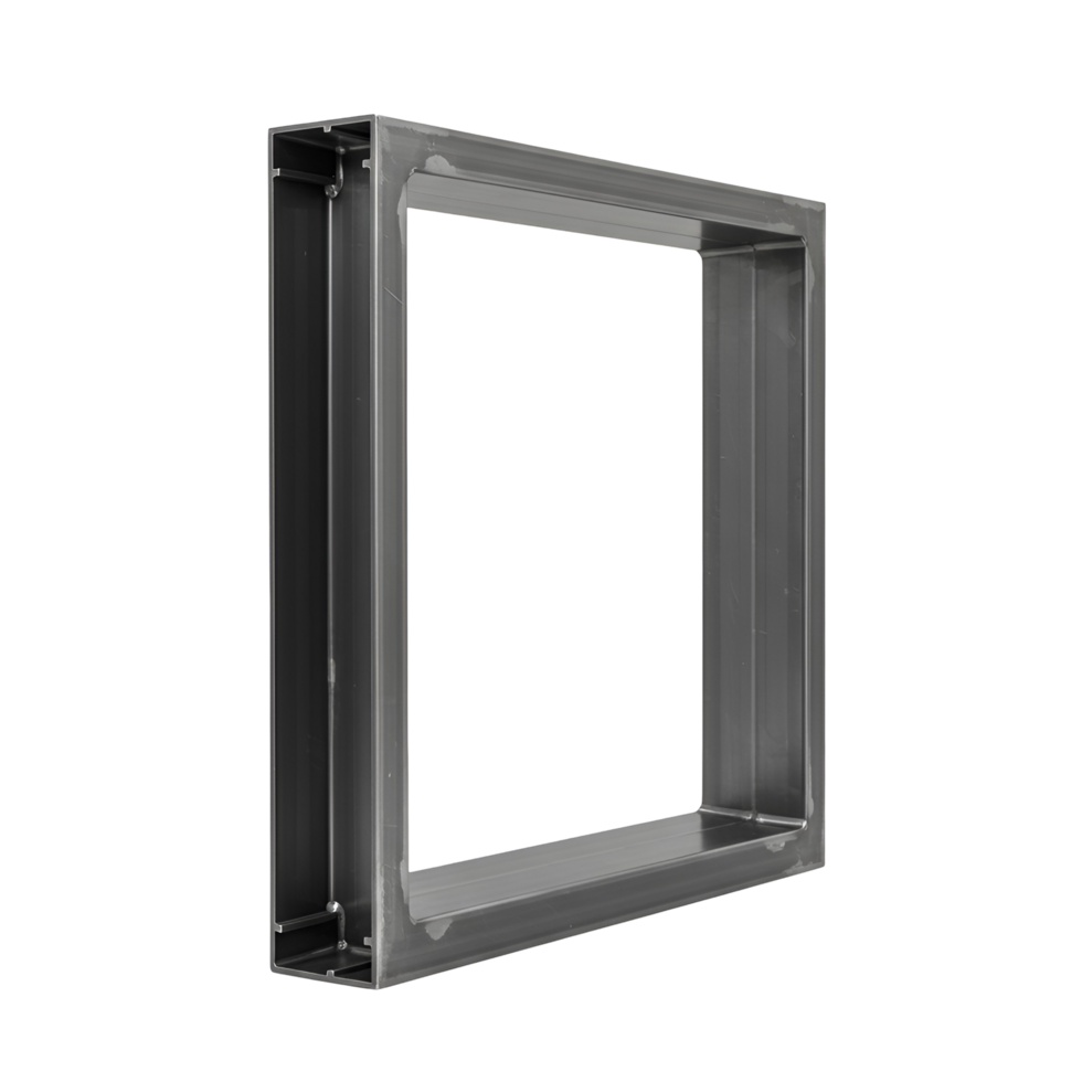 Metallic rectangular frame structure isolated against a white and plain colored space view from an angle transparent background png