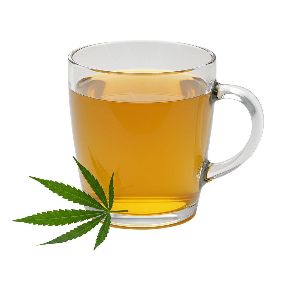 A clear mug filled with a golden liquid and a green leaf on a simple background scene view transparent background png