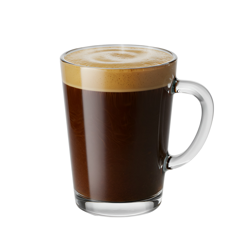 A clear glass mug filled with a beverage topped with foam on an isolated plain background scene view transparent background png