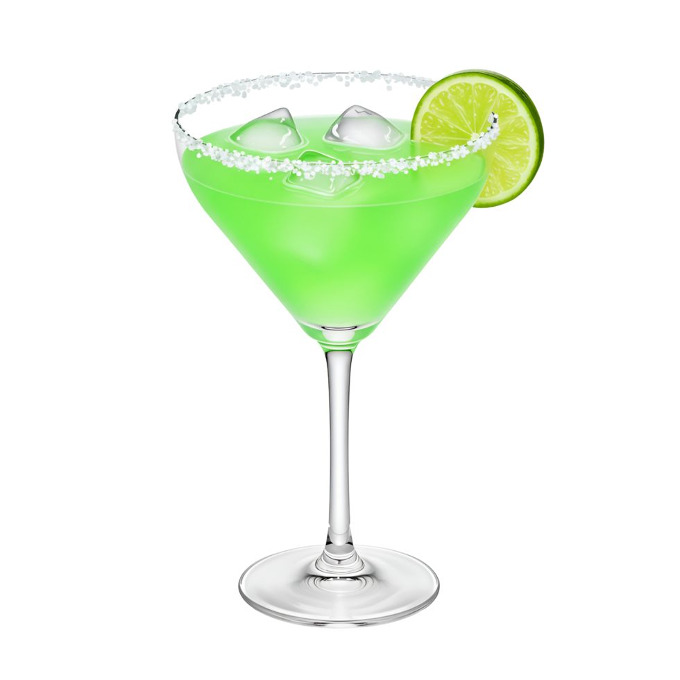 A bright green cocktail in a martini glass with ice and a lime garnish, rimmed with salt crystals transparent background png