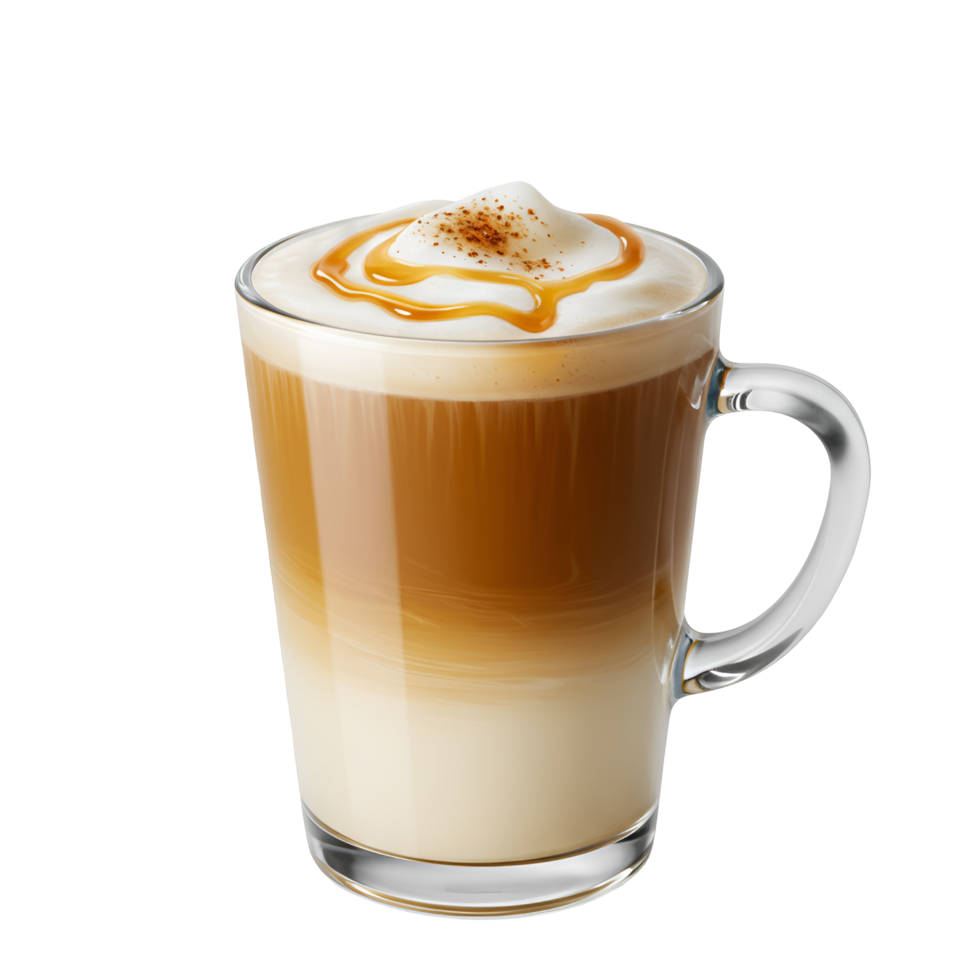 A glass mug filled with a layered coffee drink topped with whipped cream and caramel drizzle design transparent background png