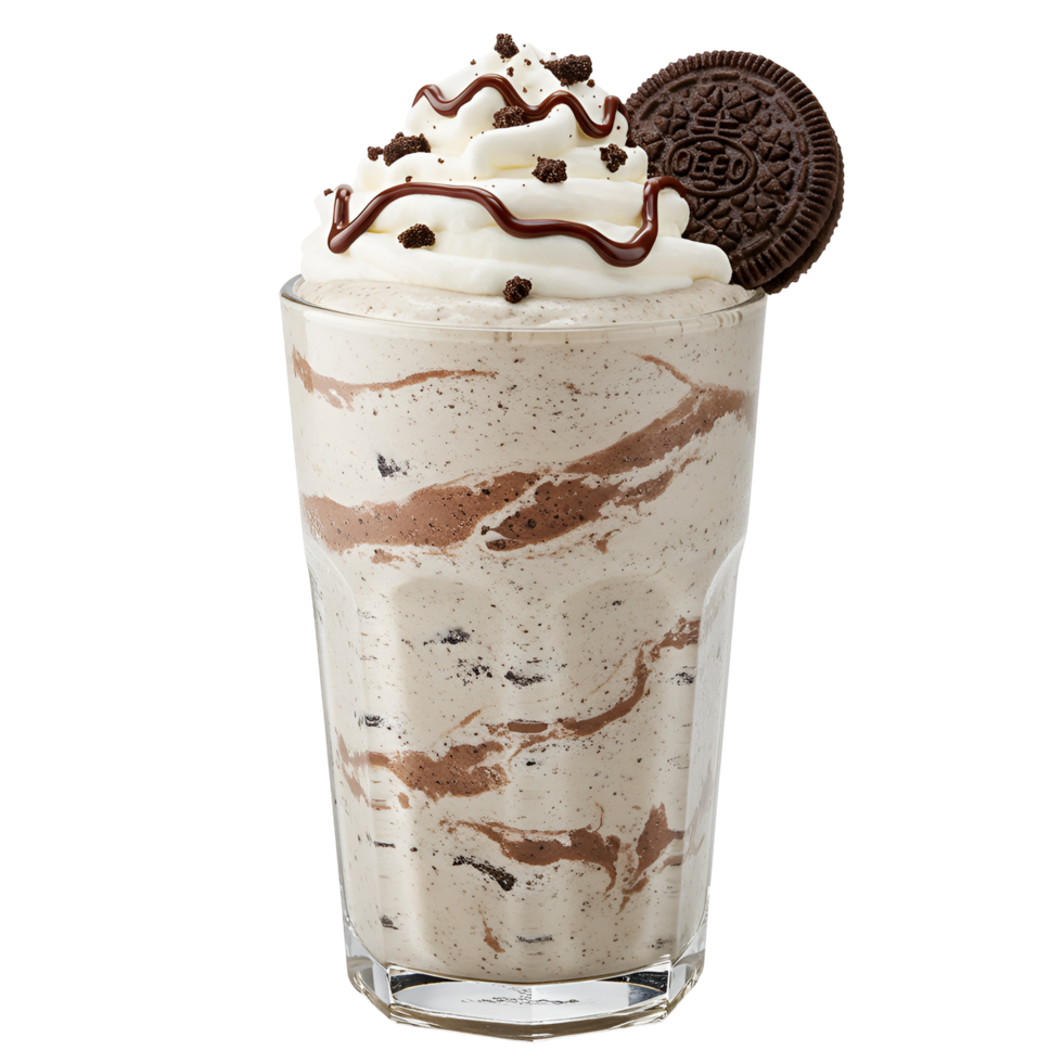 A tall glass filled with a cookies and cream milkshake topped with whipped cream and chocolate drizzle transparent background png